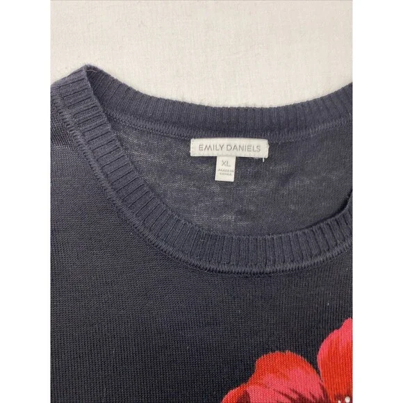 Emily Daniels Black Floral Knit 3/4 Sleeve Pullover Sweater XL Beautiful Classy - Picture 3 of 6